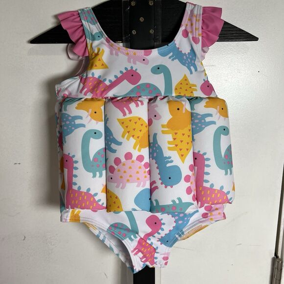 Baby Girls Buoyancy Swimsuit One Piece, White With Colorful Dinos, 12-18 Month - Picture 1 of 13